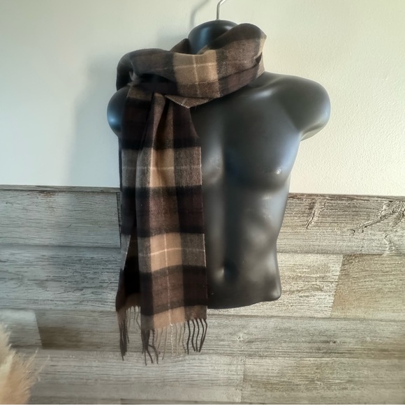 Pronto Uomo 100% Pure New Wool Chestnut Tan Brown Plaid Scarf Men - Picture 2 of 5